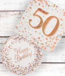 Rose Gold Confetti 50th Birthday Party Supplies and Ideas